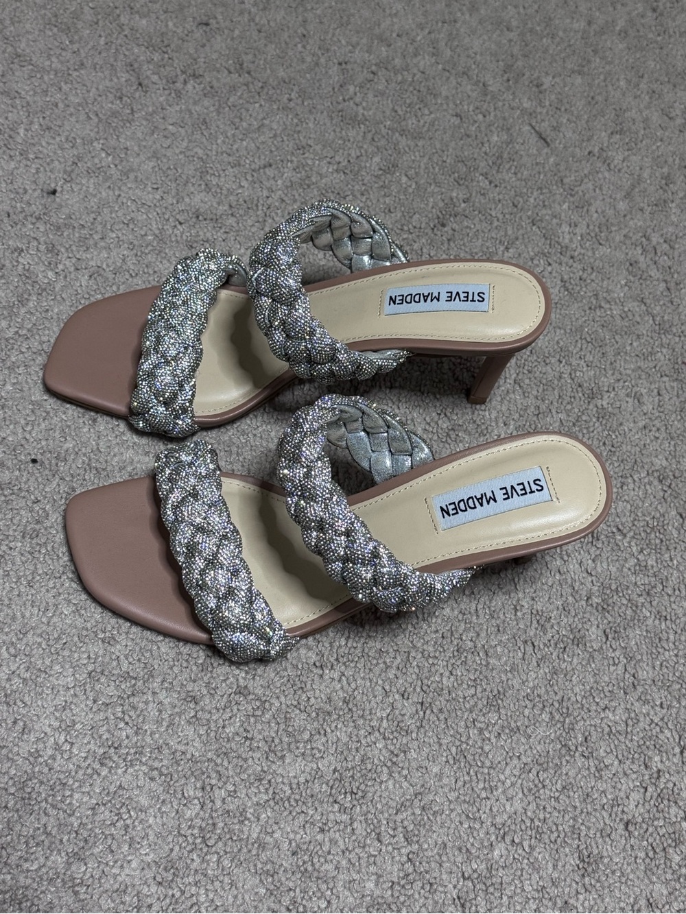 Steve Madden Silver Braided-Strap Heeled Sandals with Blush Footbed NWOT